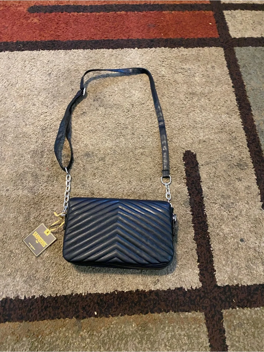 Black Quilted Chevron Shoulder Bag with Chain Strap